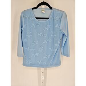 Vintage Haband Womens Sz S 3/4 Sleeve Blouse Light Blue Floral Lace